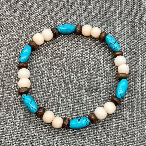 Stretch Bracelet Oblong Blue Splatter Brown Wood Cream Round Bead Boho Retro - Picture 1 of 3